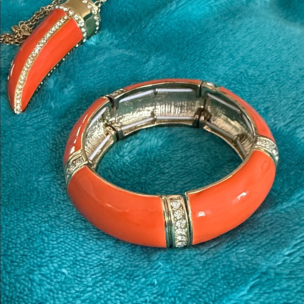 Elegant Orange Enamel and Gold Pave Bracelet